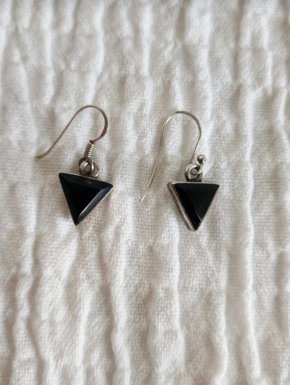 Silver Tone Triangular Black Stone Fishhook Earrings